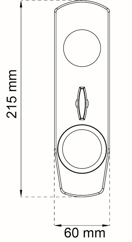 Ritning av dörrhandtag med mått: höjd 215 mm, bredd 60 mm.