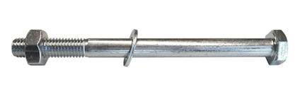 Sexkantskruv med bricka och mutter, metallisk finish.