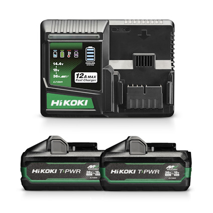Laddare och två svarta batterier med gröna och vita detaljer, märkt "HiKOKI T-PWR".