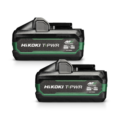 Två svarta Hikoki batterier med gröna detaljer och märkning "Multi Volt 36V-18V".