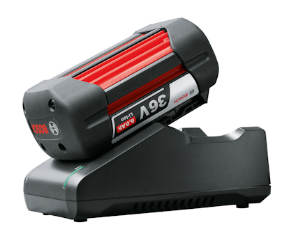 Batteri och laddstation, Bosch 36V 6.0Ah Li-Ion, rödsvart design.