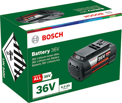 Förpackning med 36V Bosch Lithium-Ion batteri, 6.0 Ah kapacitet.