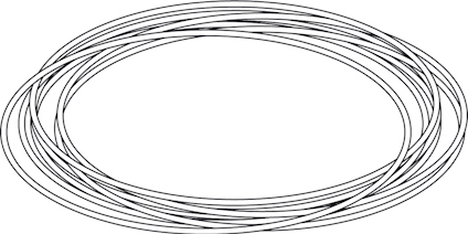 Enkel svartvit ritning av en oval form med många överlappande cirkulära linjer.