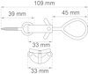 Ritning av snäpphake med mått: 109 mm total, 39 mm och 45 mm segment, hake 33 mm.