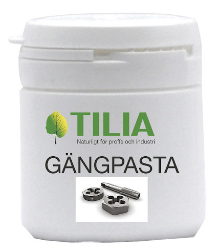 Vit behållare märkt "TILIA GÄNGPASTA" med grön logotyp och bild på gängtappar och gängsnitt.