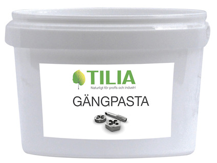 Vit plastburk med etiketten "Tilia Gängpasta" och en bild av gängtappar.
