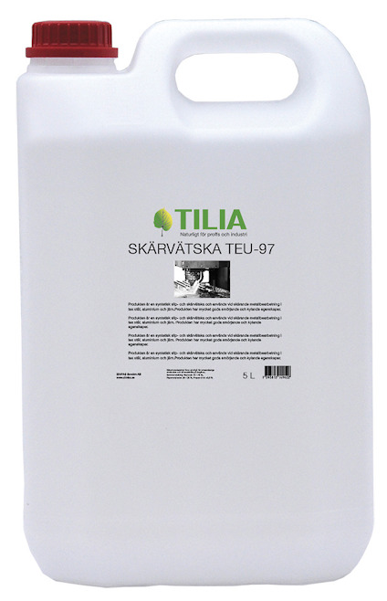 Vit plastdunk med röd skruvkork, etikett med texten "SKÄRVÄTSKA TEU-97" och en bild på en verkstadsmiljö.