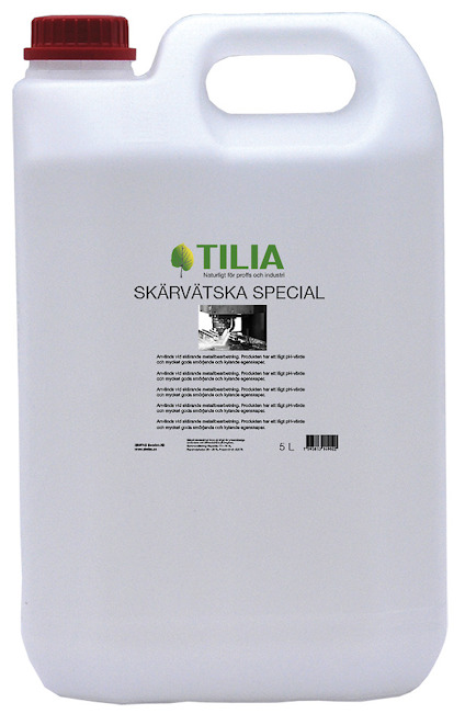 Vit plastdunk med rött lock, etikett med text "SKÄRVÄTSKA SPECIAL 5L" och logotyp med grön text "TILIA".