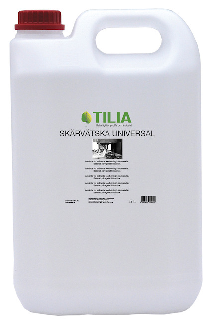 Vit plastdunk med röd skruvkork och etikett som visar texten "SKÄRVÄTSKA UNIVERSAL".