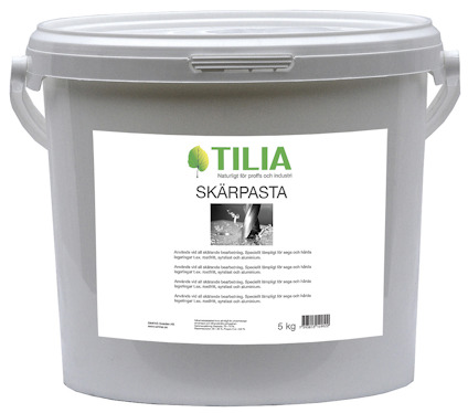 Vit hink med TILIA-skärpasta 5 kg och en etikett med produktinformation.