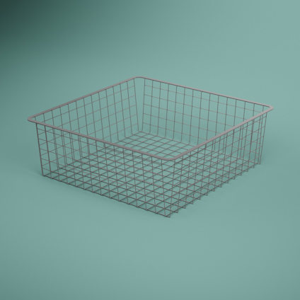 Silverfärgad trådkorg med rutnätsdesign, sedd mot en enfärgad grön bakgrund.
