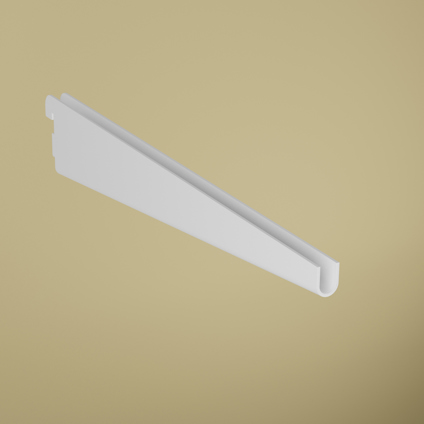 Vit metallkonsol med enkel design mot beige bakgrund.