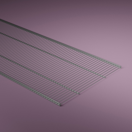 Trådhylla i silver i ett diagonalt perspektiv mot en lila bakgrund.