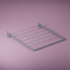 En silverfärgad torkställning med sex parallella stänger, monterad på en rosa bakgrund.