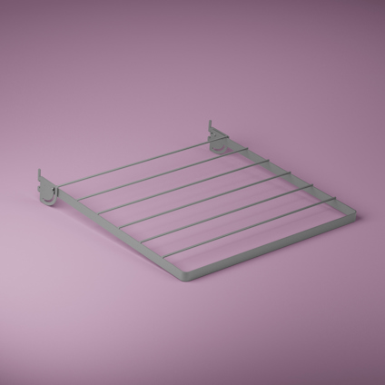 En silverfärgad torkställning med sex parallella stänger, monterad på en rosa bakgrund.