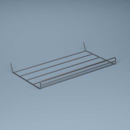 Silvrig skohylla med enkel design, bestående av parallella metallstänger och upphöjda sidor.