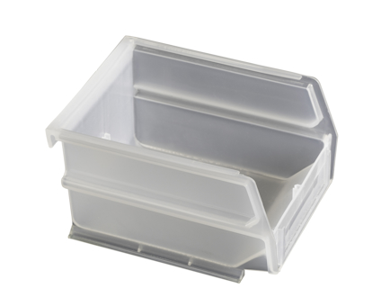 Semitransparent plastförvaringslåda med öppning på framsidan och förstärkt botten.