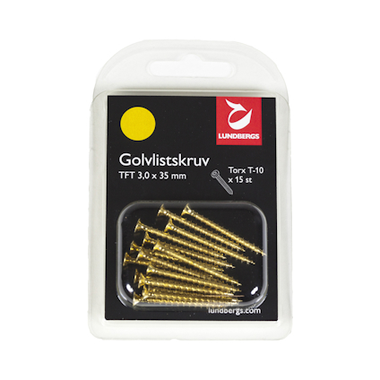 Förpackning med golvlistskruvar i guldfärg, märkt "Lundbergs". Innehåller 15 skruvar och har Torx T-10 betäckning.