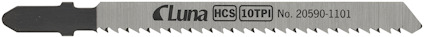 Sticksågblad med fäste av märket Luna, text "HCS 10TPI No. 20590-1101" syns.