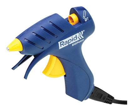 Blå och gul limpistol med kabel, märkt "Rapid EG Point Ø7".
