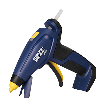 Limpistol, blå och svart, med vit limstav. Märkt "Rapid" och "BGX7".