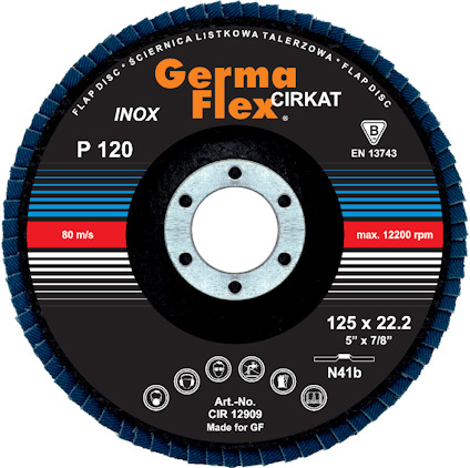 Lamellslipskiva med text: "Germa Flex Cirkat", "INOX", "P 120", "EN 13743", "Art.-No. CIR 12909".