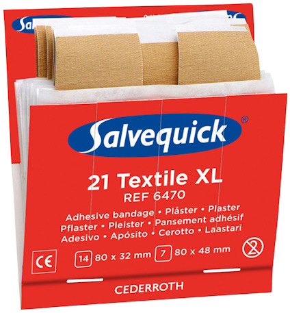 Salvequick plåsterrefill, textil, extra stor, 21 plaster i en röd förpackning med blå och vit logotyp.