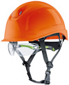 Orange säkerhetshjälm med svart hakband och integrerade genomskinliga skyddsglasögon.