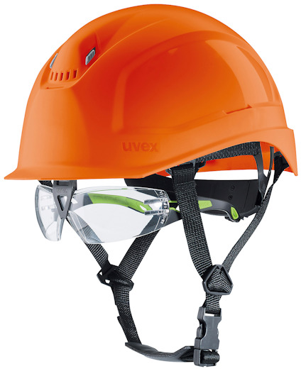 Orange säkerhetshjälm med svart hakband och integrerade genomskinliga skyddsglasögon.