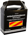 Kartong med texten "Avgränsningsband" och "Premium", med en bild av ett rött och gult randigt band.