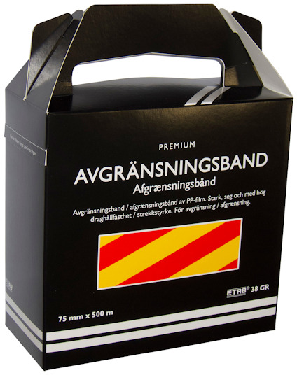 Kartong med texten "Avgränsningsband" och "Premium", med en bild av ett rött och gult randigt band.