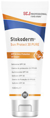 Tub med vit och orange design märkt "Stokoderm Sun Protect 30 PURE" och information om solskyddskräm SPF 30 på flera språk.