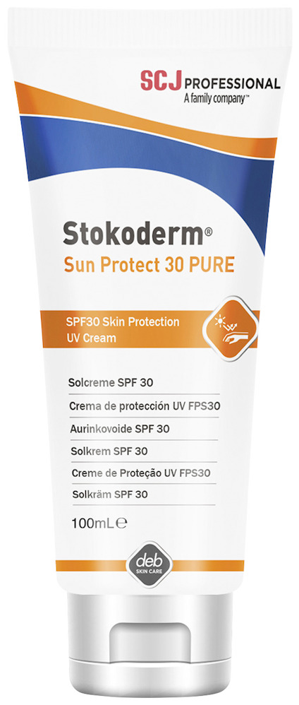 Tub med vit och orange design märkt "Stokoderm Sun Protect 30 PURE" och information om solskyddskräm SPF 30 på flera språk.