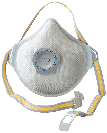 Andningsskydd med ventil och elastiska band. Märkt "FFP3", "MOLDEX 3405" och certifieringsnummer.