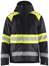 Svart jacka med varselgula och reflekterande ränder, samt avtagbar huva.
