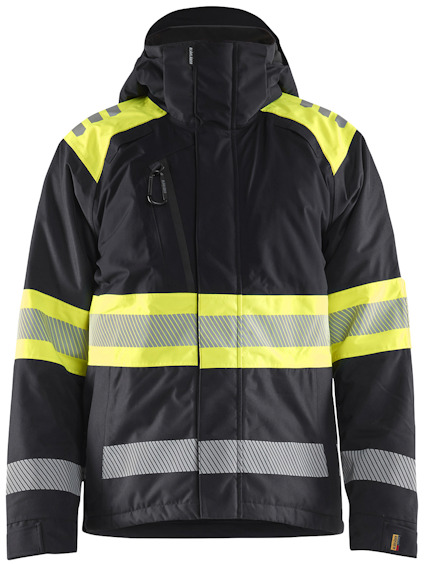 Svart jacka med varselgula och reflekterande ränder, samt avtagbar huva.