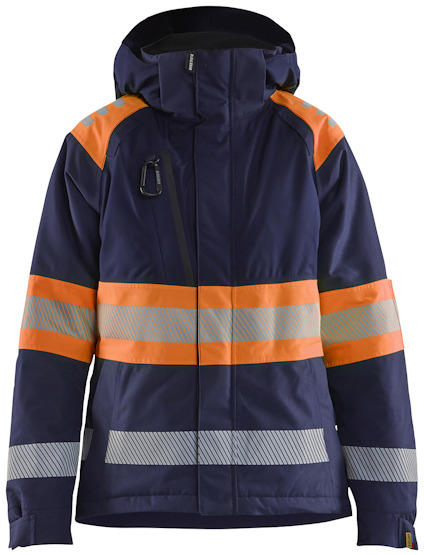 Mörkblå jacka med varselorange och reflexdetaljer, dragkedja och ficka framtill.