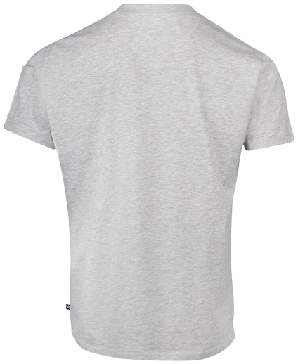 Grå T-shirt sedd bakifrån, med rund hals och korta ärmar.