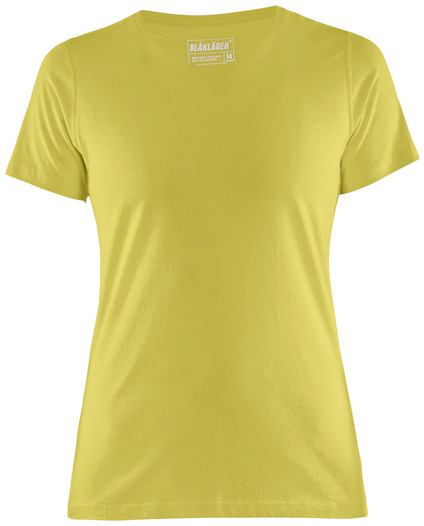 Gul T-shirt med korta ärmar och rund halsringning, med Blåkläder-logotyp på insidan av nacken.