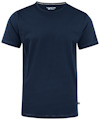 Marinblå t-shirt med rund hals och kort ärm, märkt "Texstar" vid kragen och etikett på sidan.