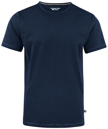 Marinblå t-shirt med rund hals och kort ärm, märkt "Texstar" vid kragen och etikett på sidan.