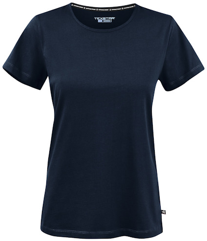 Mörkblå T-shirt med rund halsringning och korta ärmar, etikett med texten "TEXSTAR" vid kragen.