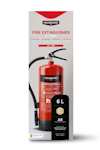 Brandsläckare i röd behållare med etikett: "HOUSEGARD FIRE EXTINGUISHER 6 L FOAM".