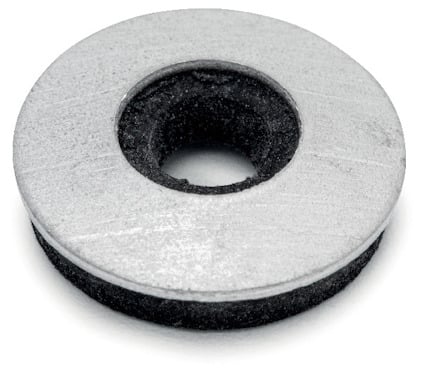 Rund bricka av metall med svart EPDM-gummipackning och ett centralt hål.