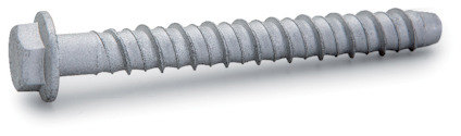 Betongskruv med sexkantshuvud och spiralformade gängor, silverfärgad.