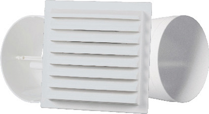 Vit ventilationsstos med fyrkantigt galler och horisontella lameller. Cylinderformad stomme i plast.