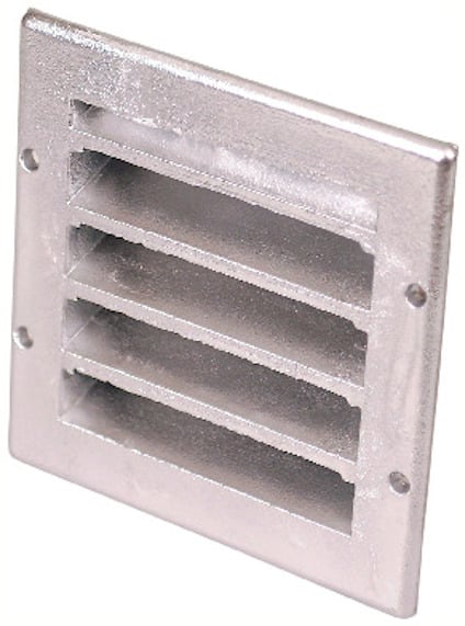 Ventilgaller i gjuten aluminium med fyra horisontella lameller och rundade hörn.