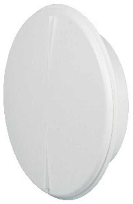 Vit tallriksventil med rund form och slät yta.