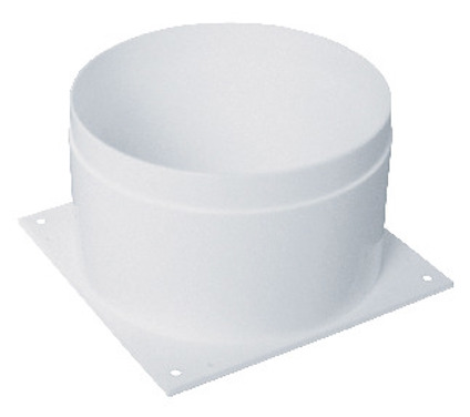Vit, cylindrisk ventilationsdel med fyrkantig bas och fyra skruvhål i hörnen.