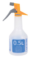 Vit sprayflaska med grått handtag och guldfärgat munstycke, märkt med "HoZELOCK" och "0.5L".